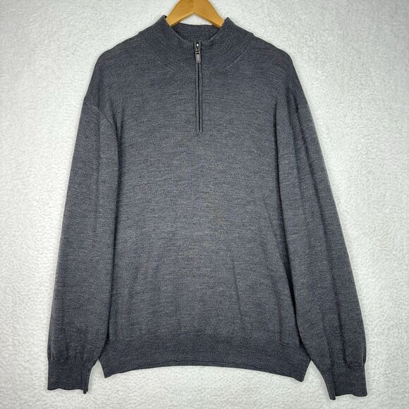 Jos A Bank Men’s XXL Sweater 100% Merino Wool Gray 1/4 Zip Suede Elbow Patch - Picture 12 of 12